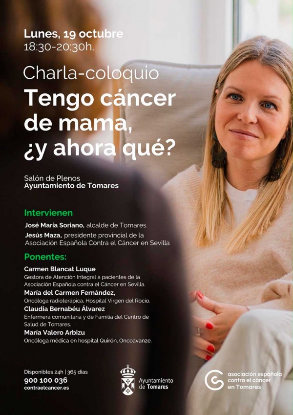 El Ayuntamiento de Tomares y la AECC conmemorar&aacute;n este lunes 19 de octubre el D&iacute;a Mundial contra el C&aacute;ncer de Mama con la charla-coloquio "Tengo c&aacute;ncer de mama, &iquest;y ahora qu&eacute;?"