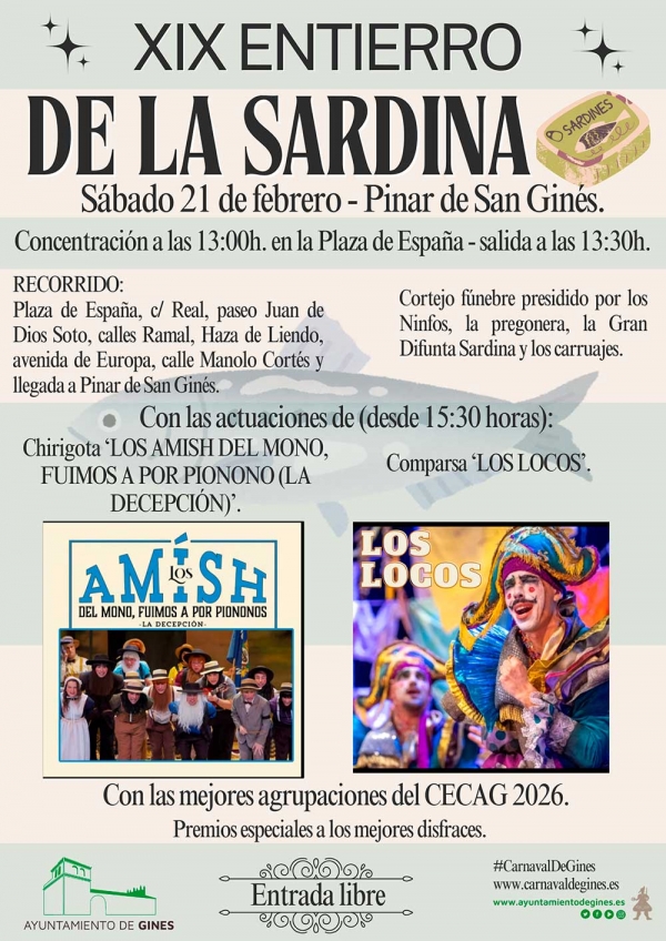 El Entierro de la Sardina trae este s&aacute;bado 21 a Gines a la chirigota &lsquo;Los Amish  del mono&rsquo; y la comparsa &lsquo;Los Locos&rsquo;