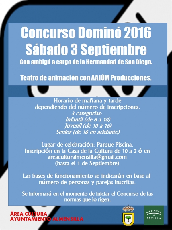 Programación completa del Cine de Verano, y cartel del Concurso de Dominó en Almensilla