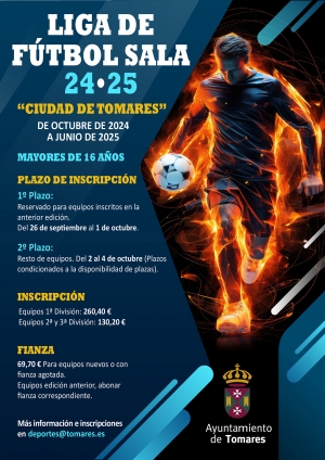 El Ayuntamiento abre este jueves, 26 de septiembre, el plazo de inscripci&oacute;n para la liga de  f&uacute;tbol sala &ldquo;Ciudad de Tomares&rdquo; 2024-25