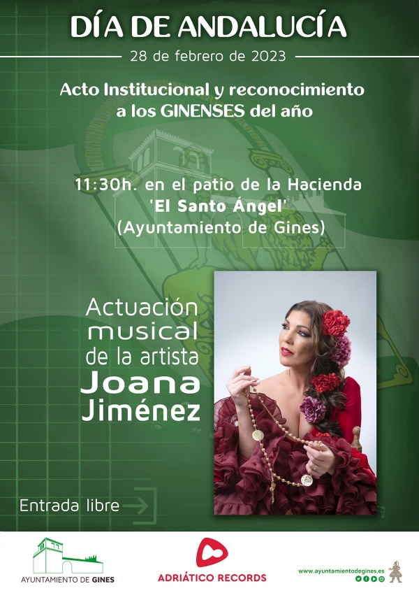 Gines celebra el martes 28 el D&iacute;a de Andaluc&iacute;a con la entrega de reconocimientos a los Ginenses del A&ntilde;o y un concierto de Joana Jim&eacute;nez