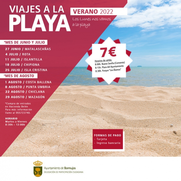 Viajes a la playa desde Bormujos durante todo el verano
